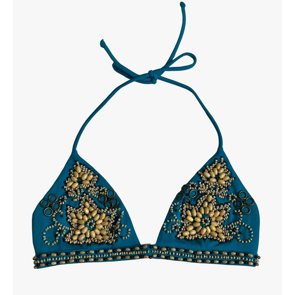 Beaded‎ Triangle Bikini Top Womens S Teal Floral Wood Bead Halter Boho Swimwear